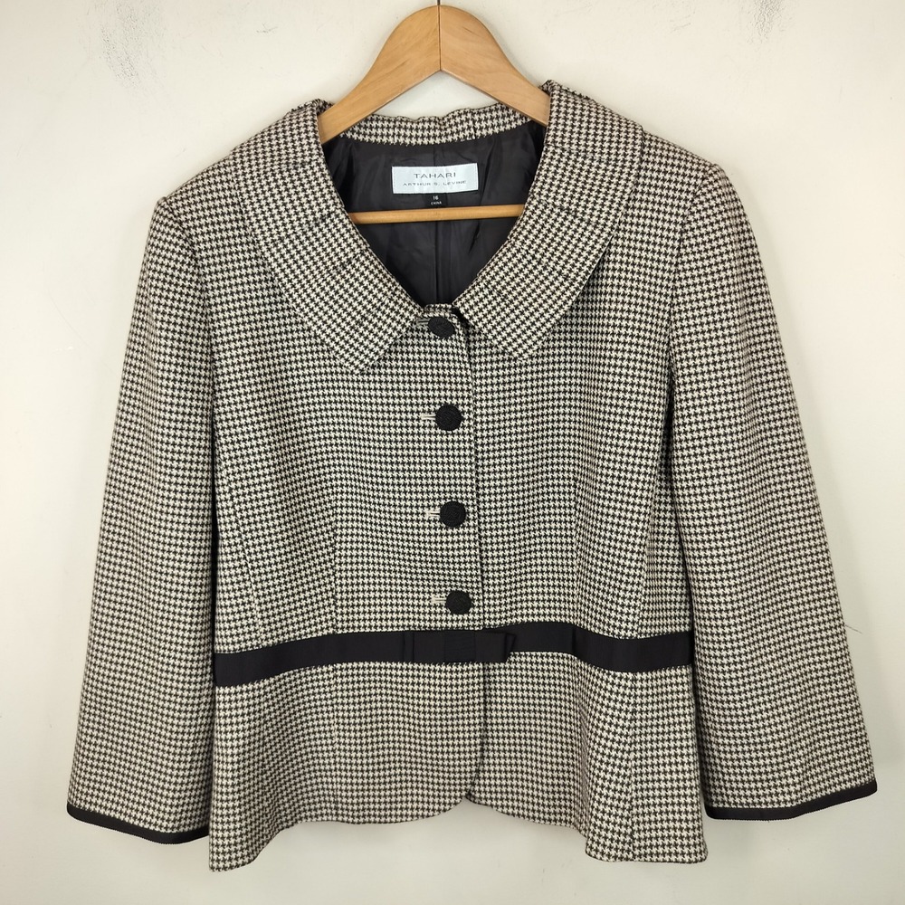 Tahari ASL Blazer 16 Brown Houndstooth Bows Pleated Collar Professional Office
